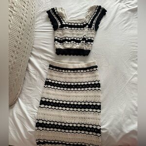 Black & Cream Crochet Knit Midi Skirt Set
